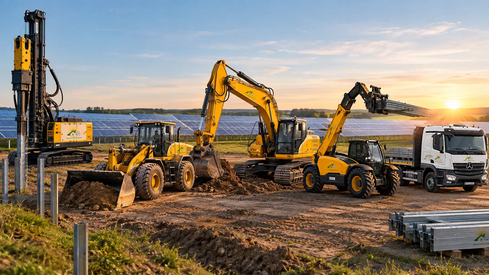 Baumaschinen beim Bau eines Solarparks mit Rammmaschine und Radlader Rammmaschine beim Einrammen von Stahlpfosten für einen Solarpark. Radlader beim Materialtransport auf einer Solarpark-Baustelle. Bagger bei Erdarbeiten und Kabeltrassenbau für einen Solarpark.Teleskoplader beim Materialtransport auf einer Solarpark-Baustelle