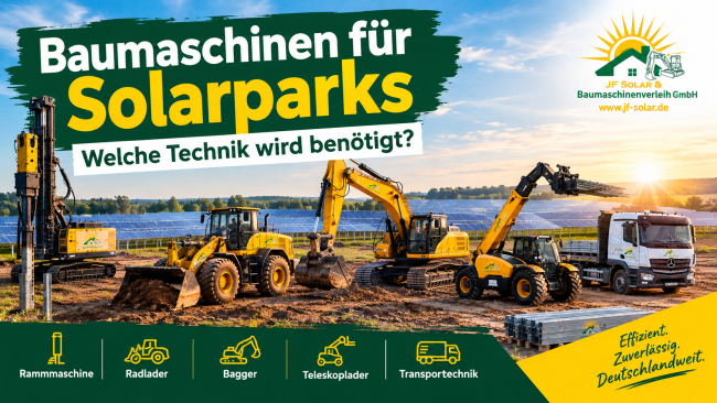 baumaschinen-solarpark-rammmaschine-radlader.jpg Baumaschinen beim Solarparkbau. Rammmaschine und Baumaschinen beim Bau einer Photovoltaik-Freiflächenanlage.